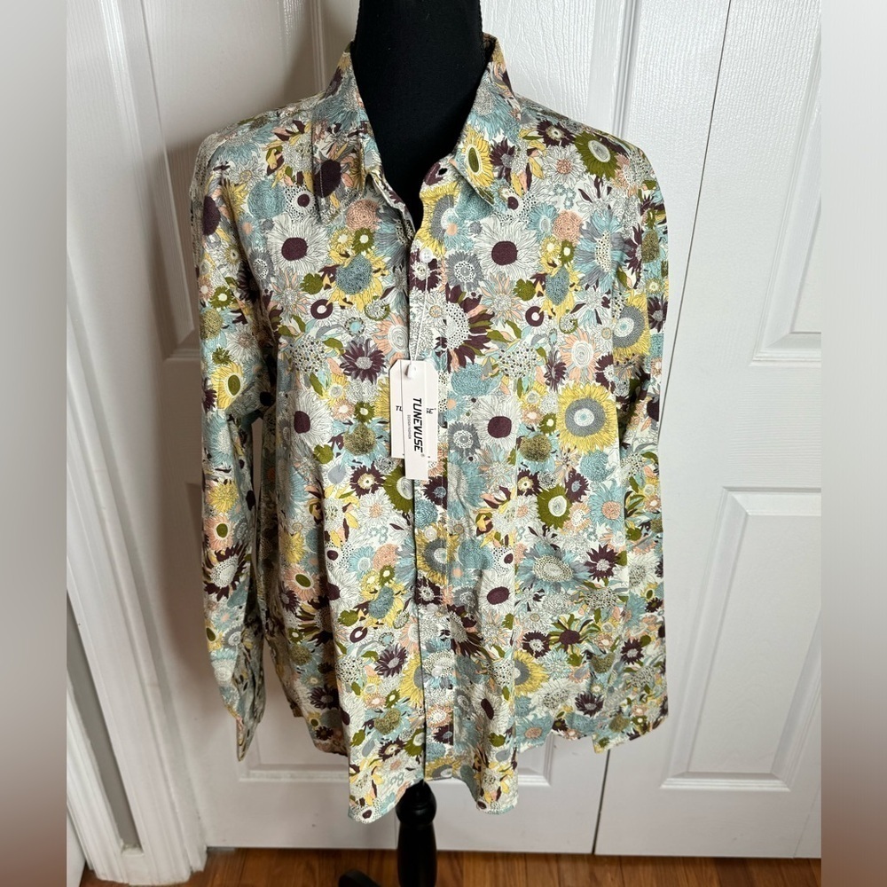 NWT Tunevuse Men’s Floral Groovy Retro Long Sleeve Button Down Shirt Size L